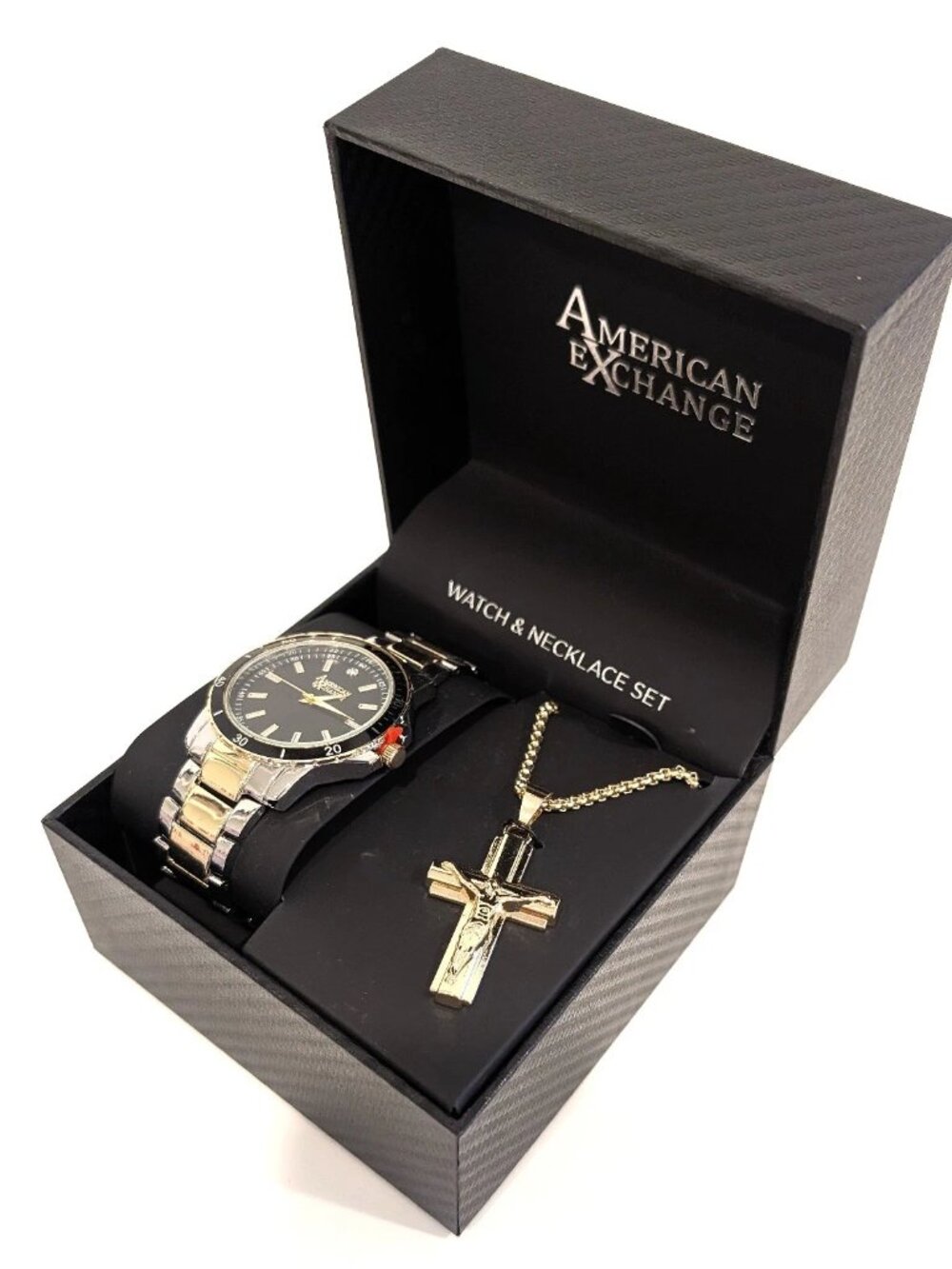 American Exchange Mens Watch &amp; Gold Tone Cross Pendant Set | New In Box